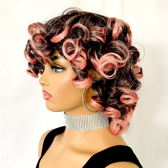 Gorgeous 12” Black & Pink Curly Premium Fiber Wig for Daily Wear/Costumes/Events - Picture 4 of 5